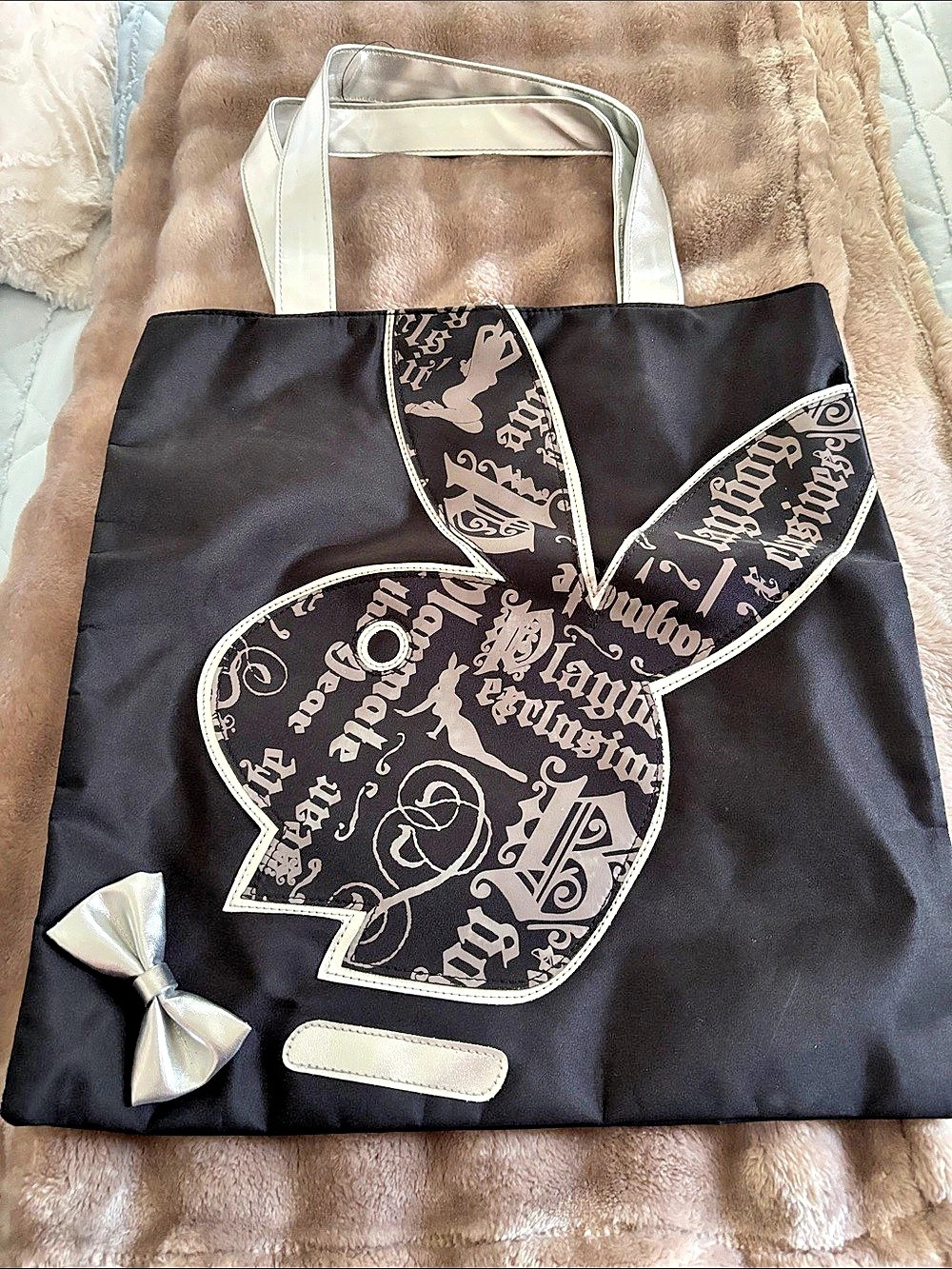 Playboy Graphic Bunny Tote in Black & Silver